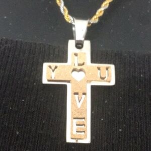 Precious Love Cross Silver & Gold Stainless Steel Chain & Body of Cross. NWOT.